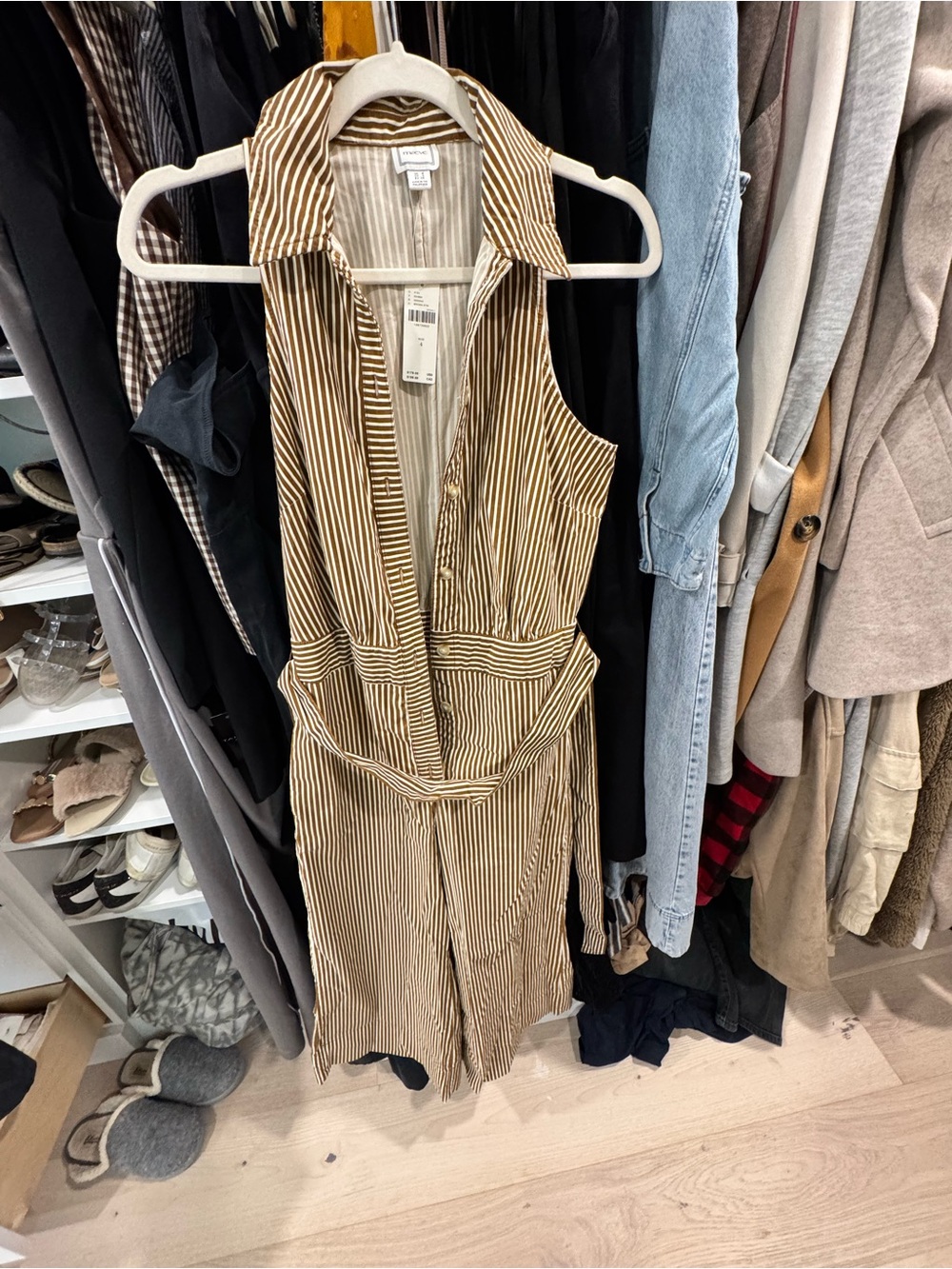 Maeve Brown and White Striped Sleeveless Jumpsuit
